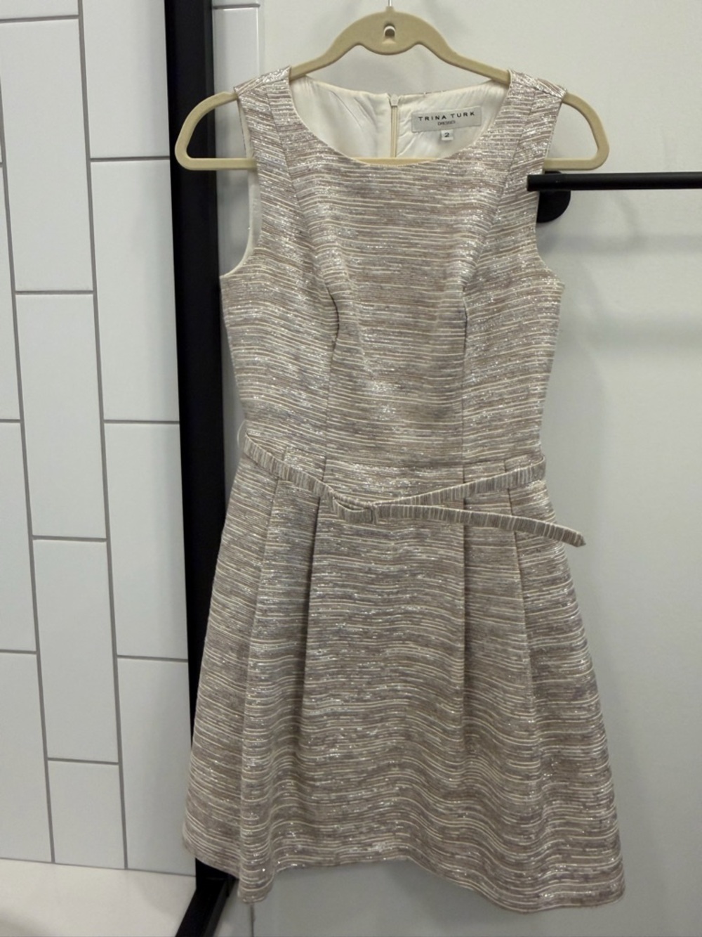 Trina Turk Metallic Champagne Fit-and-Flare Belted Dress Size 2 lined
